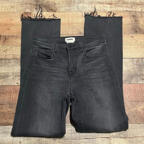 L'Agence | Women's Black Wash Denim High Rise Straight Leg Raw Hem Jeans Sz 26 - Picture 1 of 5